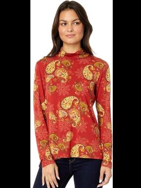 Johnny Was Claret Red-Orange Paisley Mock Neck Top